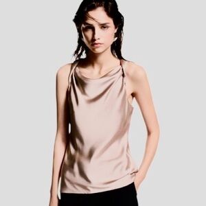🆕 NWT Mango Satin Draped Neck Camisole - Light/pastel size L